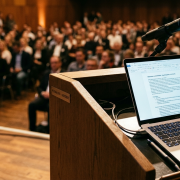 Generische KI-Rede erstellen mit Reden Generator, Rednerpult mit aufgeklapptem Laptop. Gleich beginnt die Rede
